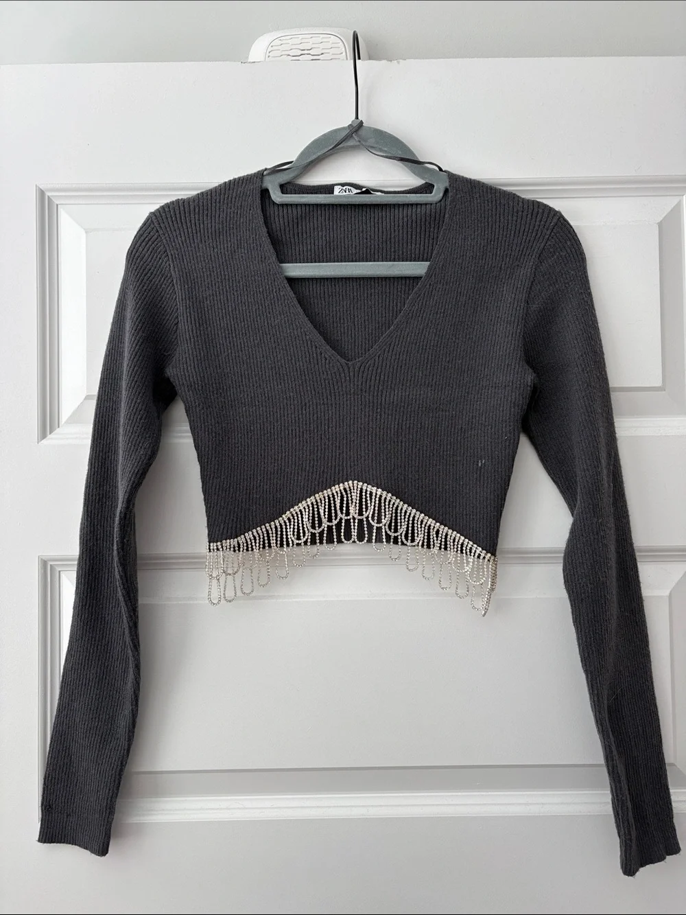 NEVER WORN! Charcoal V-Neck Cropped Sweater with Rhinestone Fringe